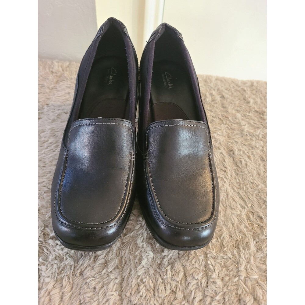 Clarks Bendable Black Leather Heel Loafer Classic Pumps Womens Shoes 9W$149